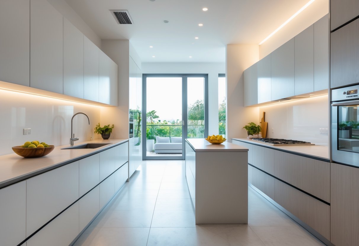 A bright kitchen with smooth handle-less cabinets, a central island, and natural light coming through large windows.
