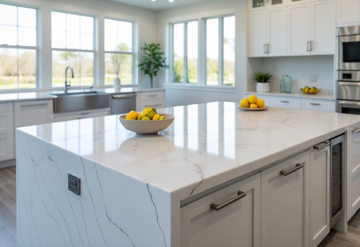 A bright kitchen with quartz countertops featuring subtle veining, a spacious island, and modern appliances.