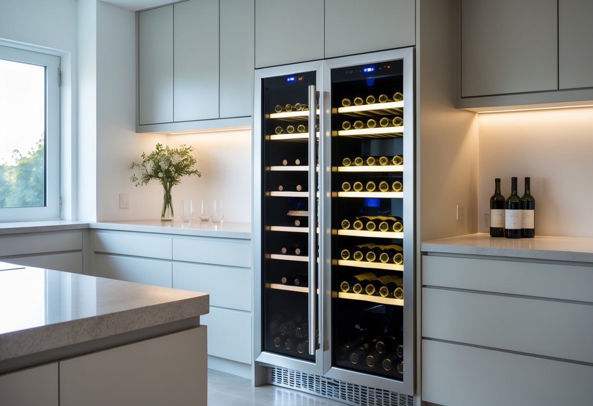 A built-in wine fridge with glass doors displaying wine bottles inside a modern kitchen with cabinets and countertops.