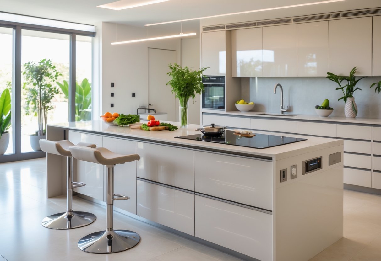 A bright kitchen with a large island featuring a sink, cooktop, and bar stools, surrounded by cabinets and large windows.