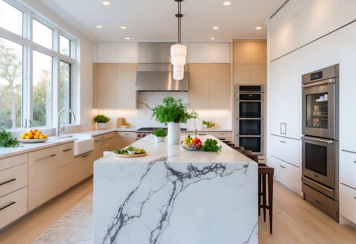 A bright kitchen with a marble island, stainless steel appliances, and a dining area with a wooden table and chairs.