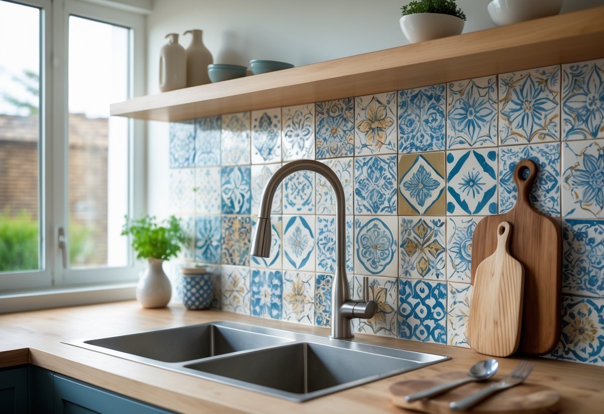 A kitchen with a colorful patterned tile backsplash, wooden countertop, and a stainless steel faucet with natural light coming through a window.