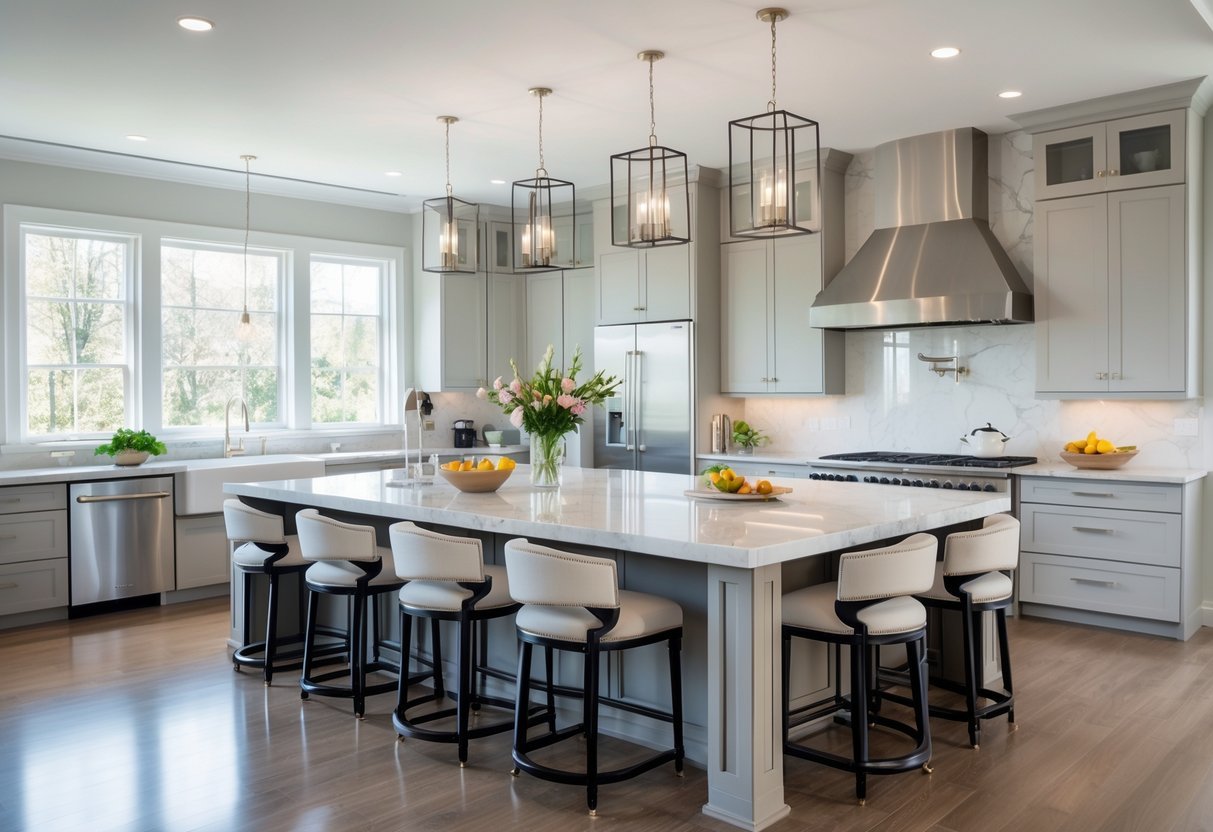 A spacious kitchen with a large island surrounded by bar stools and modern appliances.