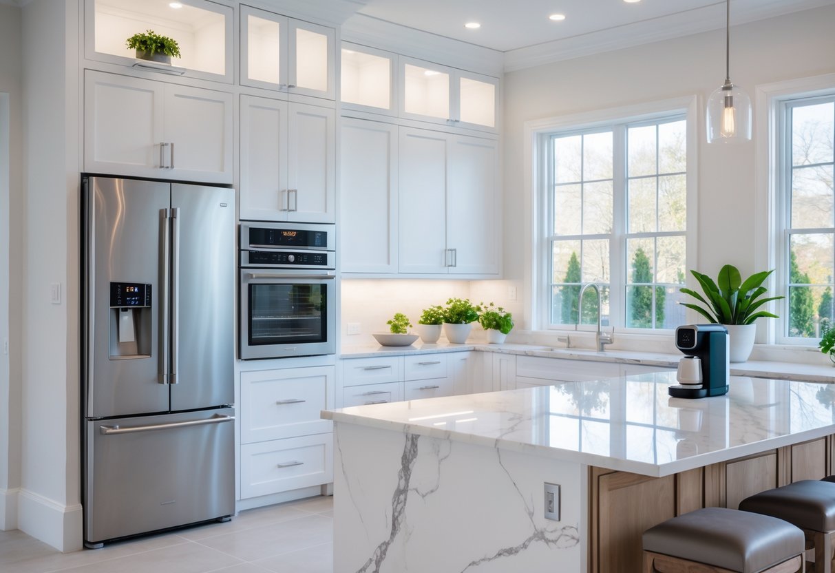 A modern kitchen with smart appliances including a touchscreen refrigerator, smart oven, and coffee maker, featuring white cabinets, a marble island, and natural light from large windows.