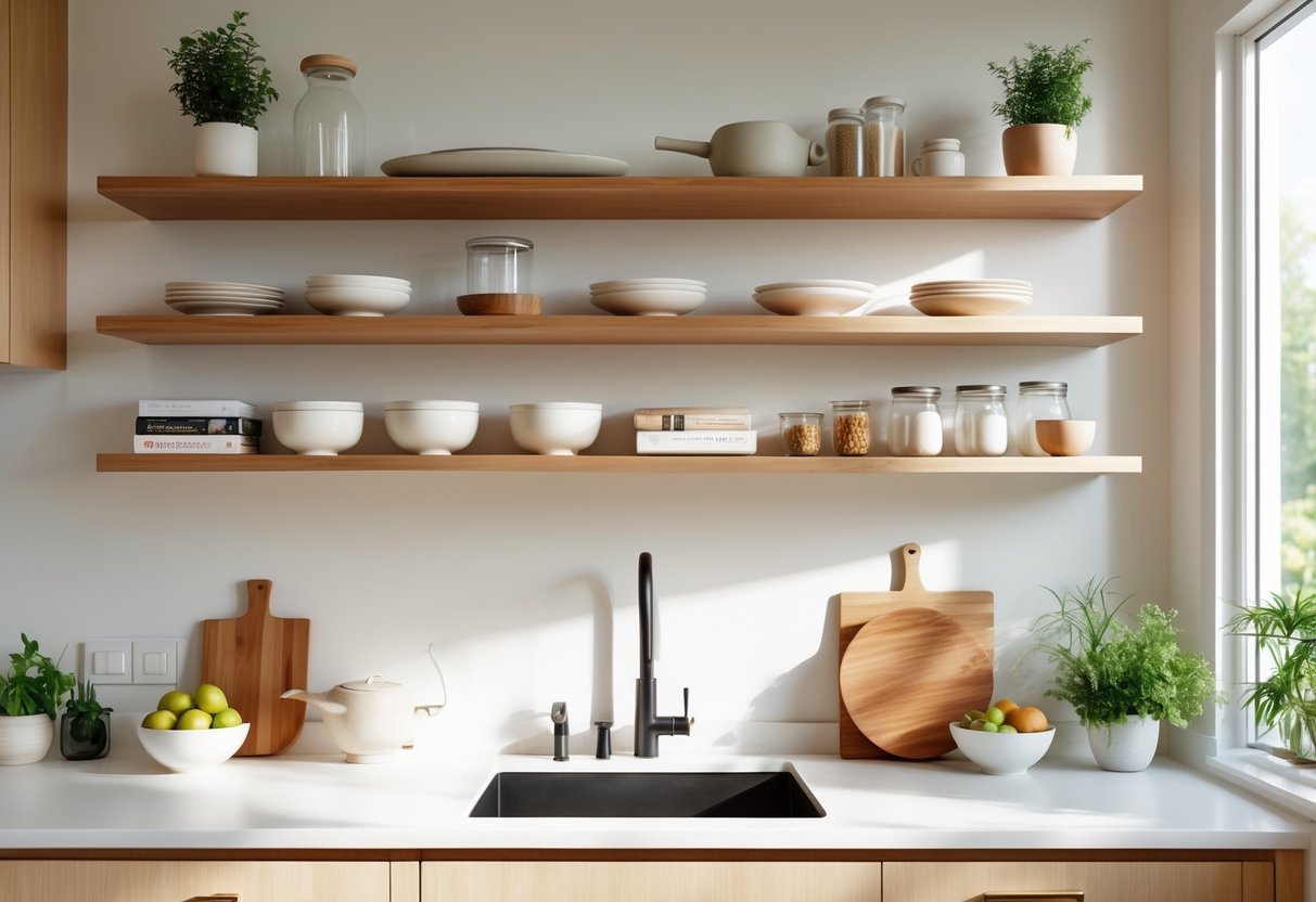 A modern kitchen with open wooden shelves displaying dishes, jars, cookbooks, and plants above a clean countertop with kitchen accessories.