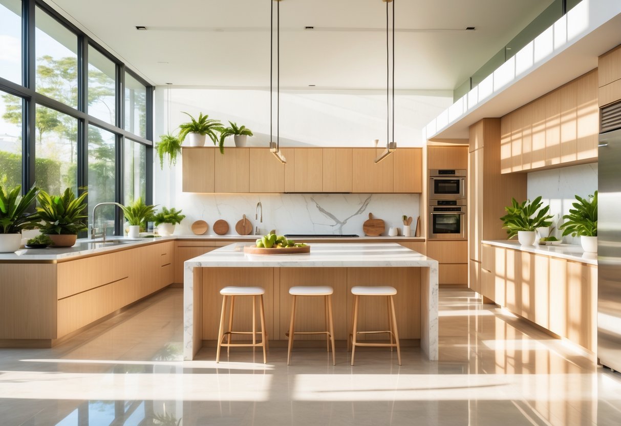 A bright kitchen with large windows letting in natural light, featuring a central island, light wood cabinets, and green plants.
