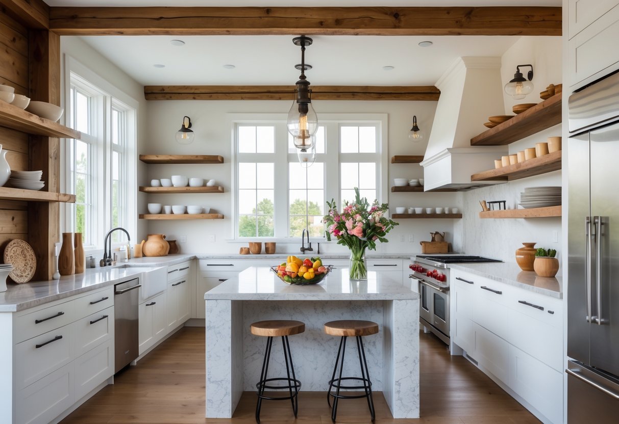 A bright kitchen with white cabinets, wooden accents, a large island, stainless steel appliances, and natural light coming through windows.