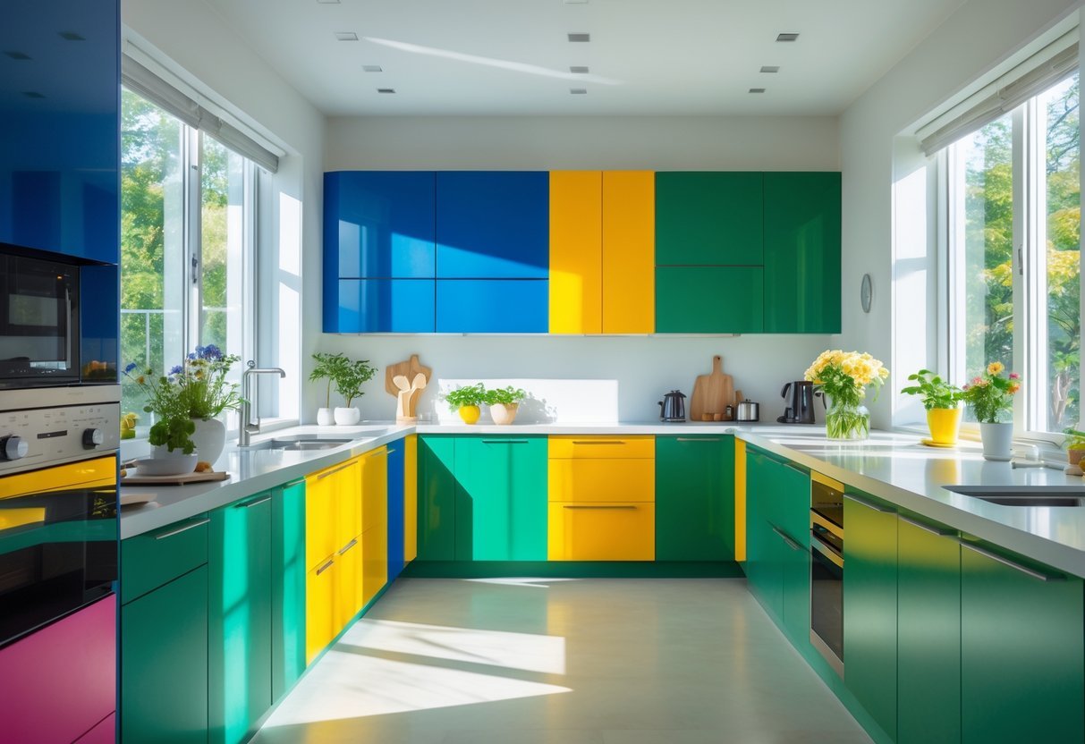 A bright kitchen with colorful cabinets, a central island, and natural light coming through large windows.