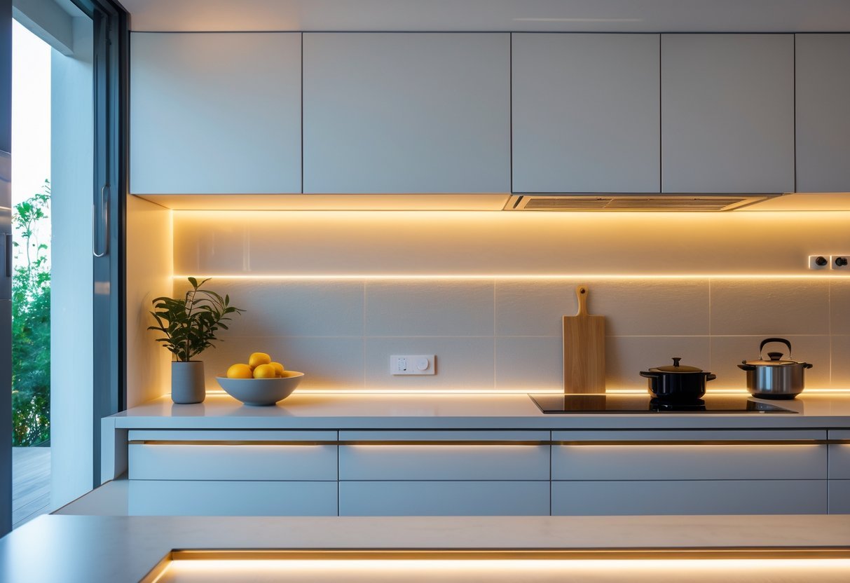 A modern kitchen with under-cabinet lighting illuminating the countertop beneath sleek cabinets.