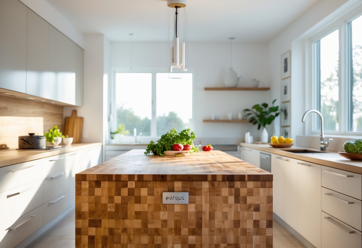 A bright kitchen with butcher block countertops, a kitchen island, and fresh vegetables on the counter.