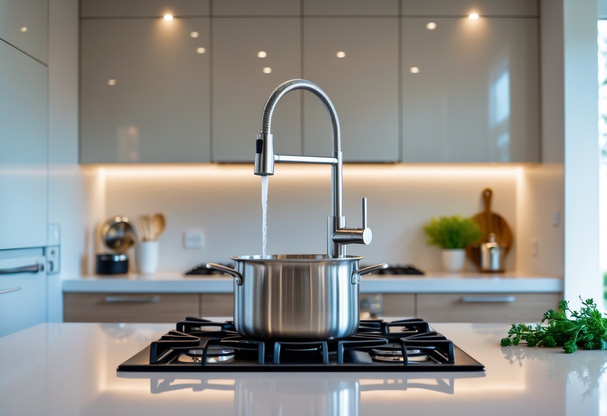 Modern kitchen with a built-in pot filler faucet extended over a pot on the stovetop.