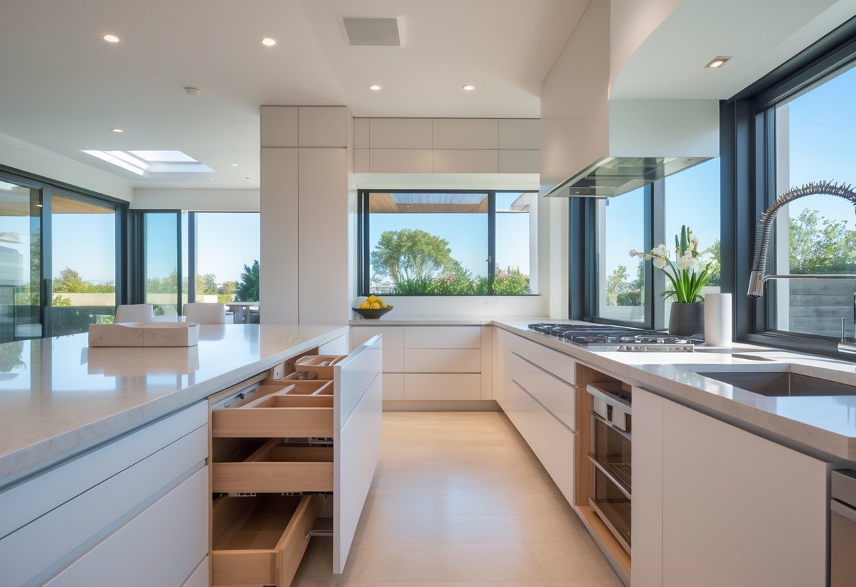 A modern kitchen with hidden storage compartments and built-in appliances, featuring a clean countertop and natural light.