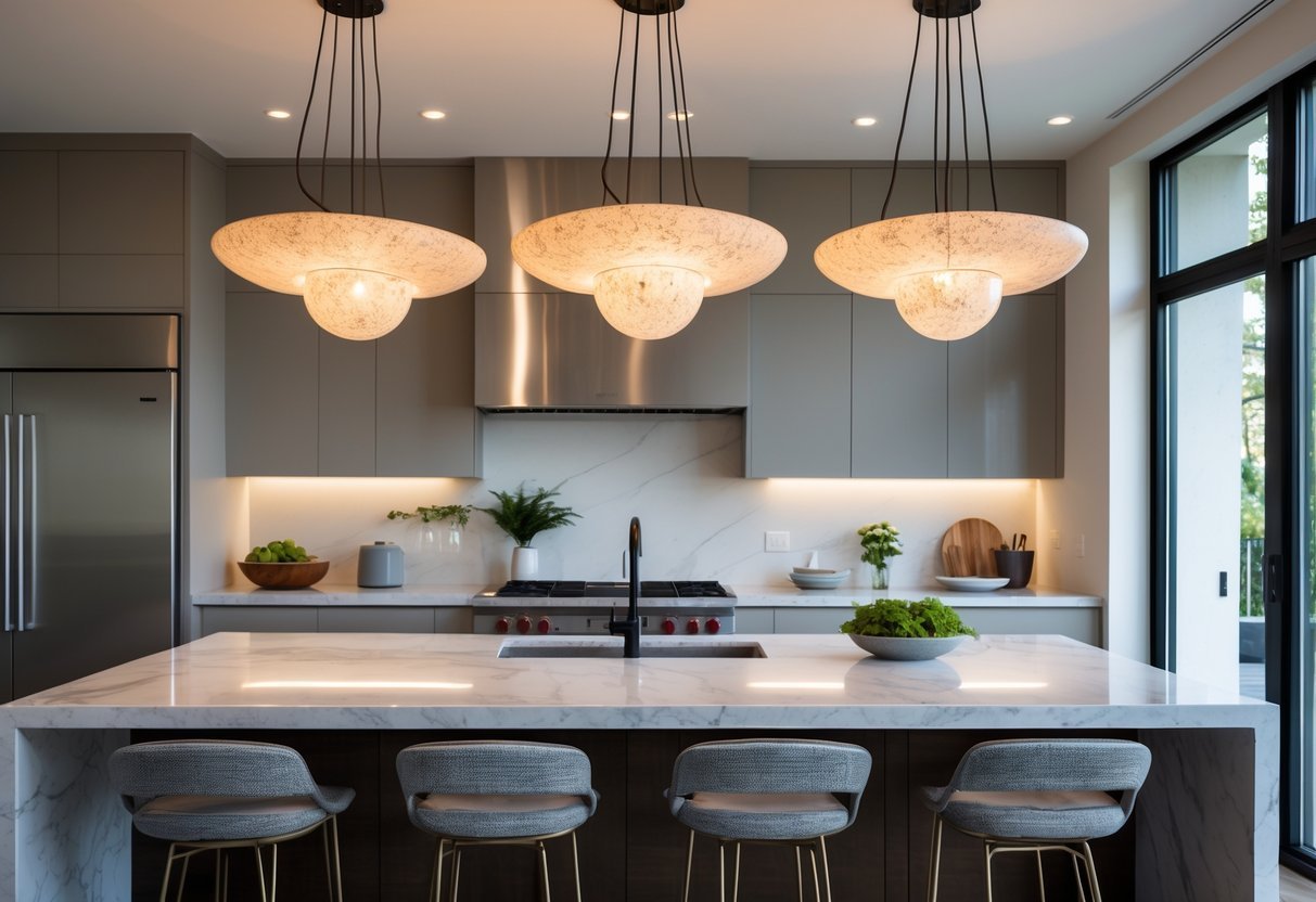 A modern kitchen with a large island and artistic pendant lights hanging above it.