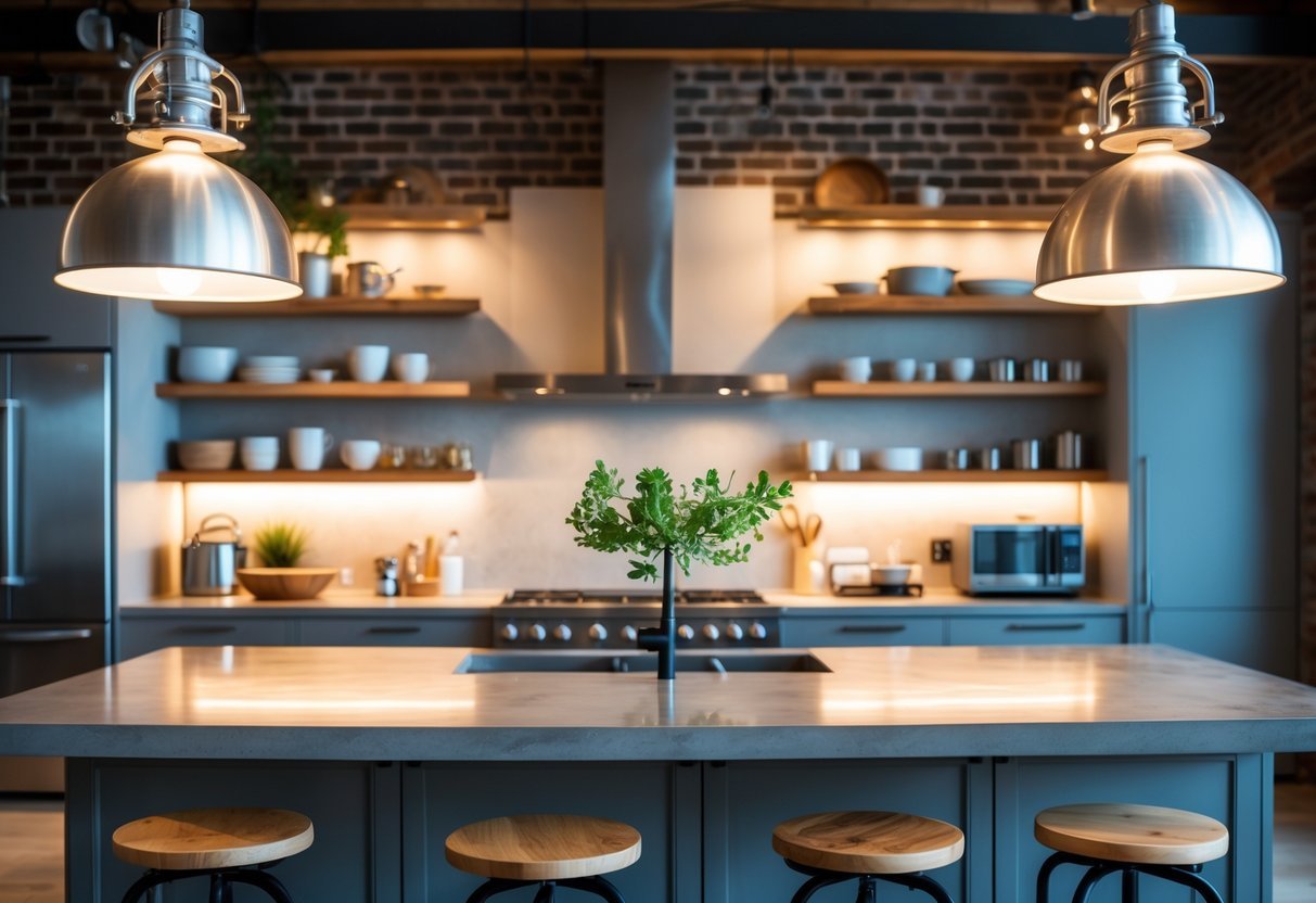 A modern kitchen with pendant lights over an island, stainless steel appliances, open shelves, and a mix of wood and metal materials.