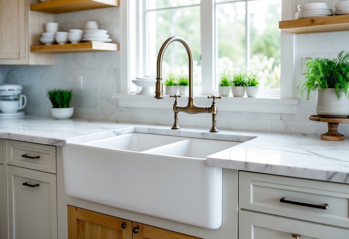 A bright kitchen with a large white farmhouse sink, marble countertops, wooden cabinets, open shelves with dishes, and green plants near a window.