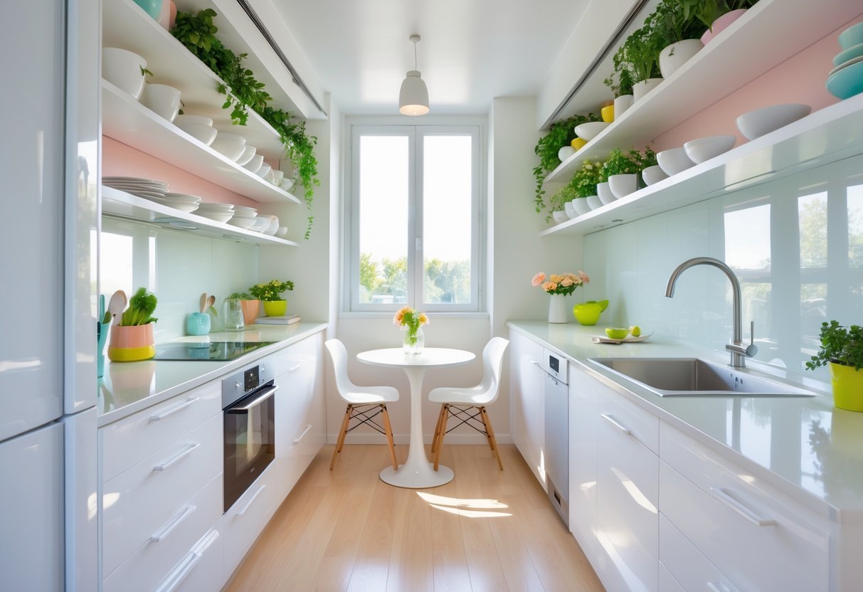 A small kitchen with white cabinets, light countertops, natural light from a window, open shelves with plants, and a small dining area with a round table and two chairs.