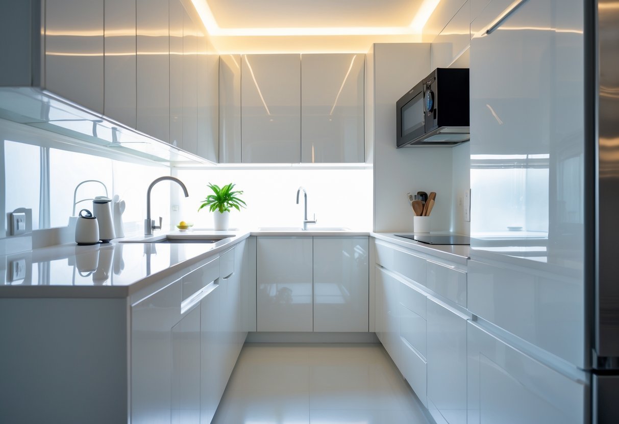 A small kitchen with glossy white cabinets reflecting light, making the space look bright and open.