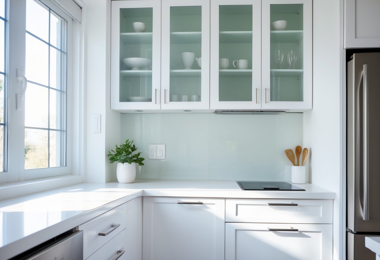 A small kitchen with glass-front cabinet doors, bright natural light, and clean countertops.