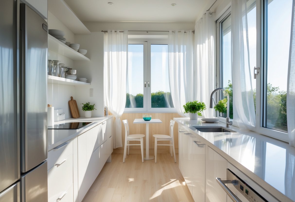 A small kitchen filled with natural light through sheer curtains, featuring light cabinets, open shelves, and a small dining area.
