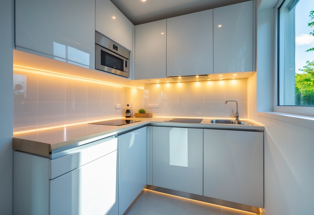 A small kitchen with white cabinets and bright under-cabinet LED lights illuminating the countertop.