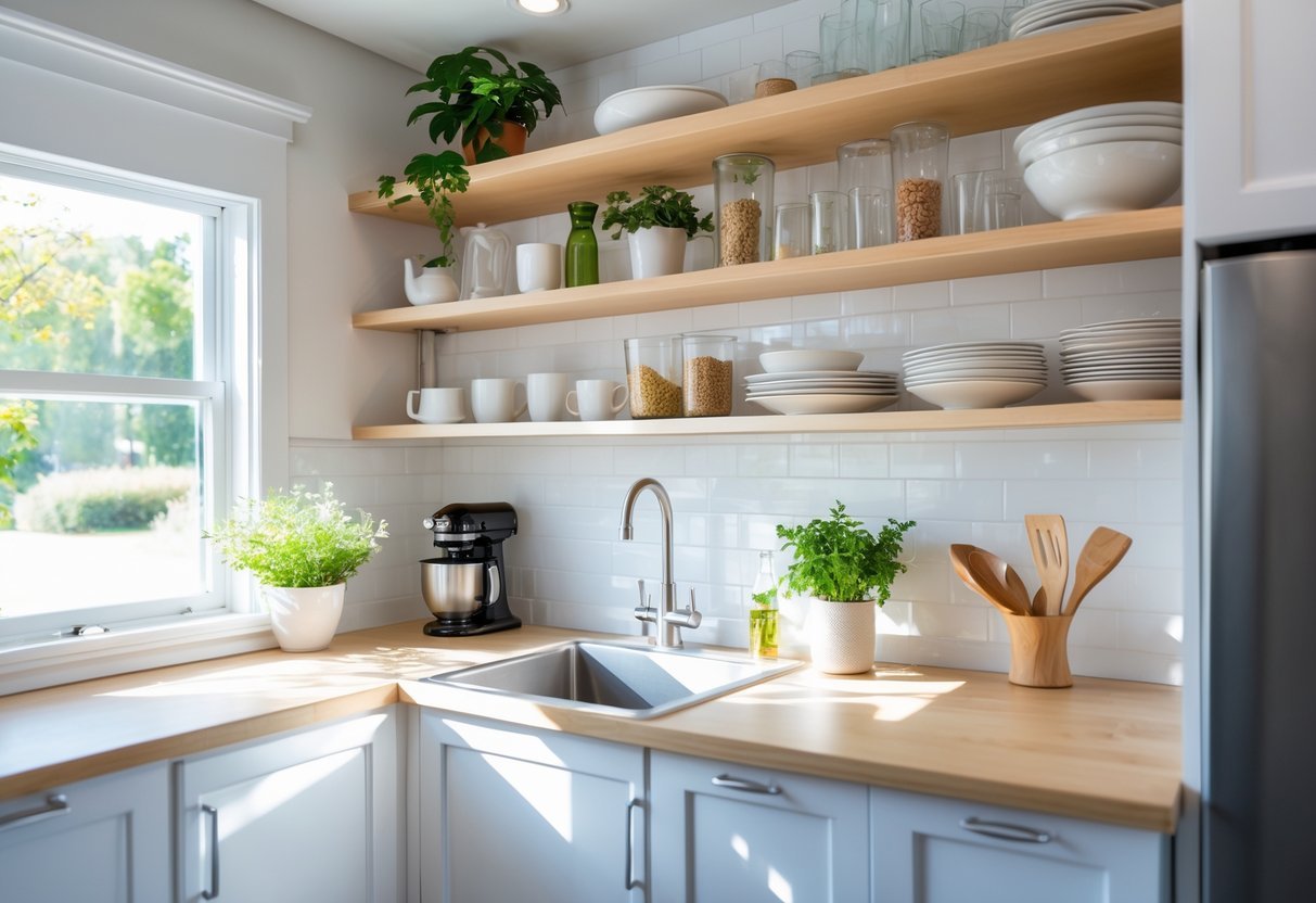 A small kitchen with open shelves displaying dishes and plants, bright natural light, and a clean, organized countertop.