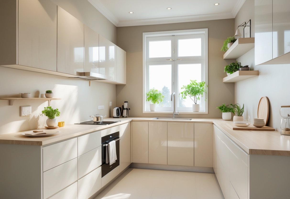 A small kitchen with light beige and pale gray walls, natural light, modern appliances, and minimal decor.