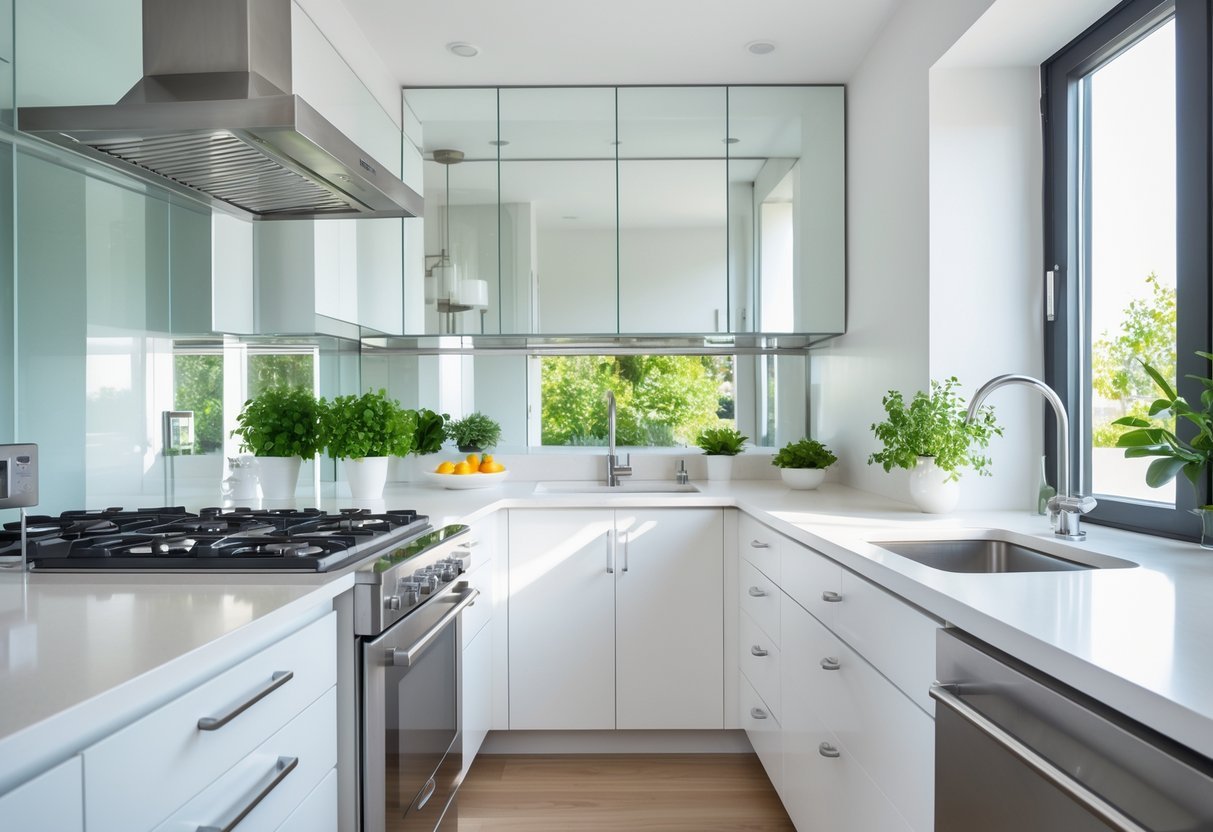 A small kitchen with a mirror backsplash and metallic cabinet handles, brightened by natural light and light-colored surfaces.