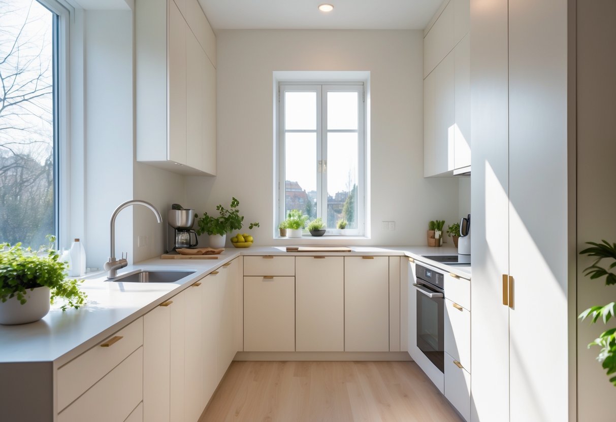 A small kitchen with tall, slim cabinets and natural light, showing an organized and efficient use of space.