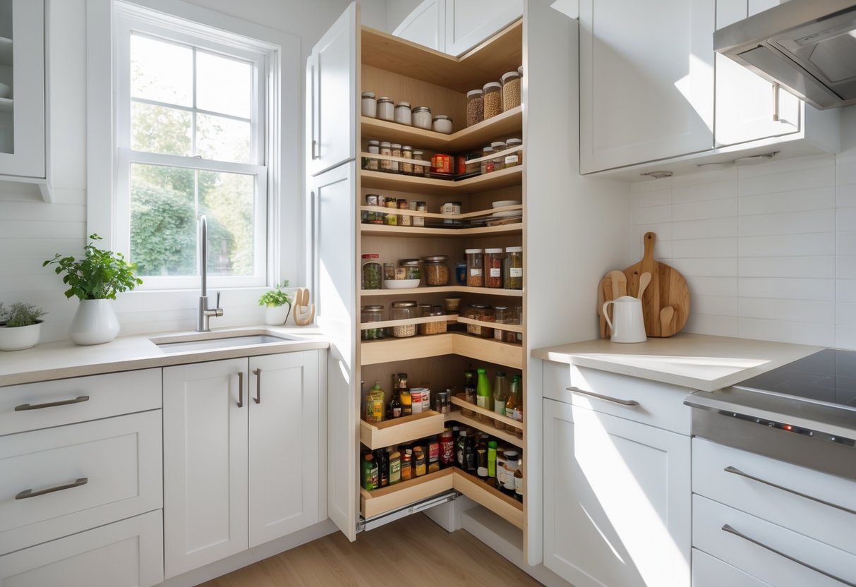 A bright, compact kitchen with pull-out pantry units open, showing organized shelves in a narrow space.