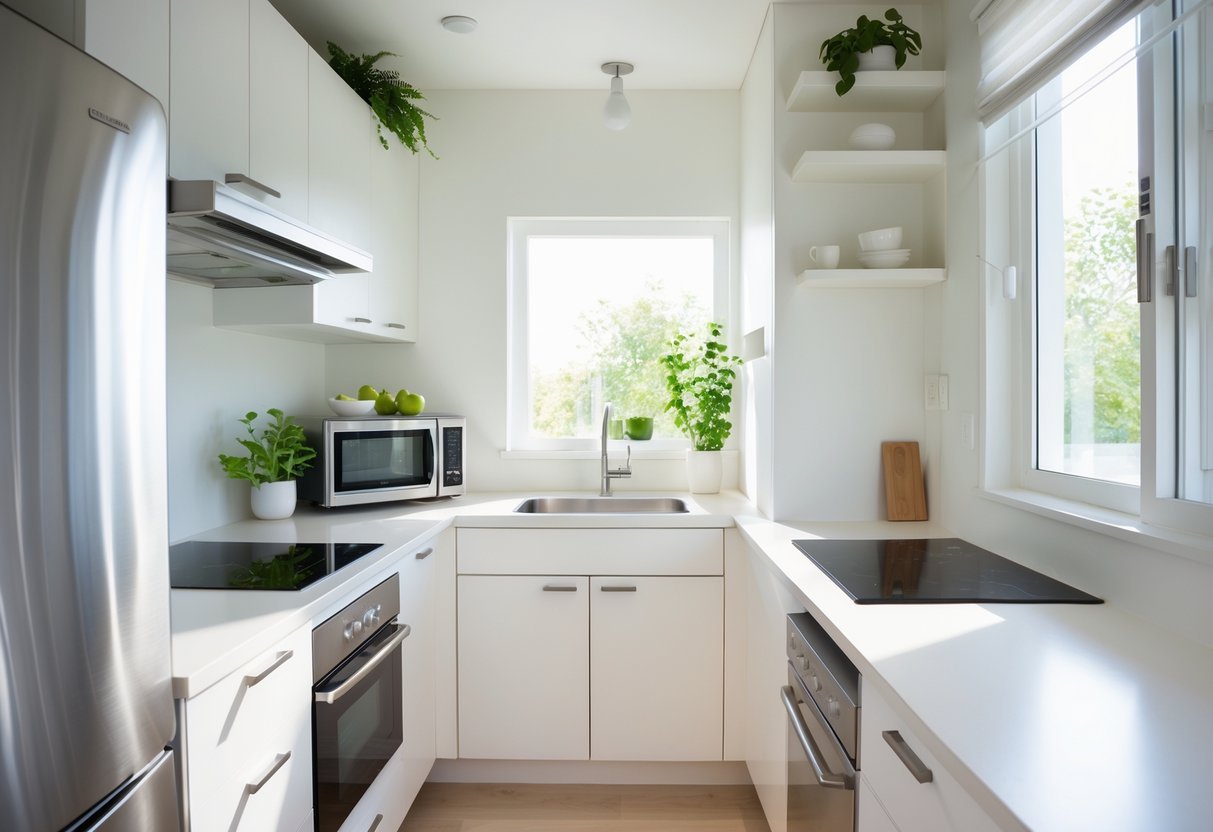 A small bright kitchen with compact appliances including a mini refrigerator, microwave, induction cooktop, and dishwasher, featuring light countertops and natural light.