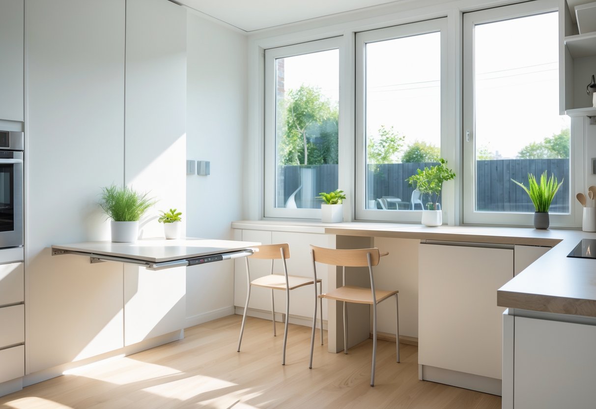 A small bright kitchen with a fold-down table and an extendable island providing extra workspace and seating.