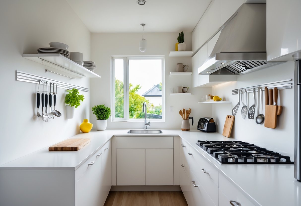 A small kitchen with clear countertops and wall-mounted shelves and racks holding kitchen utensils, illuminated by natural light.