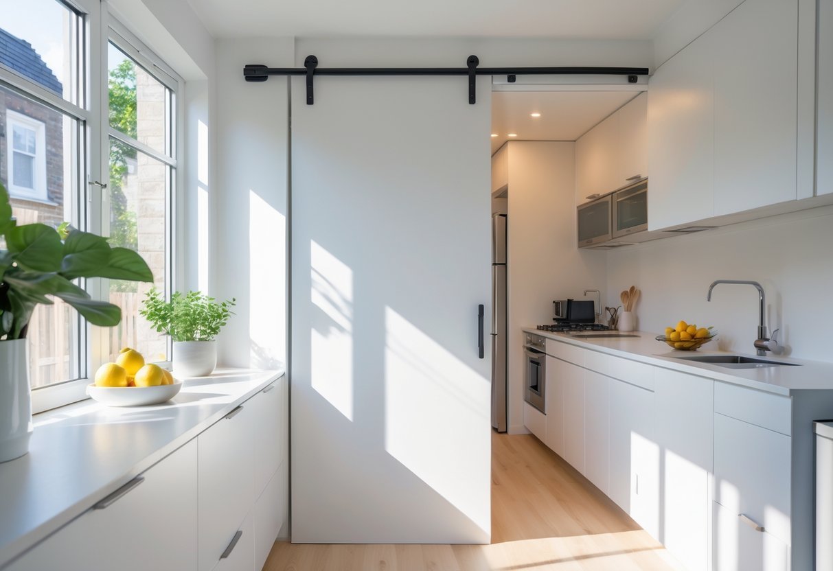 A small bright kitchen with sliding doors partially open, showing an adjacent room and efficient use of space.