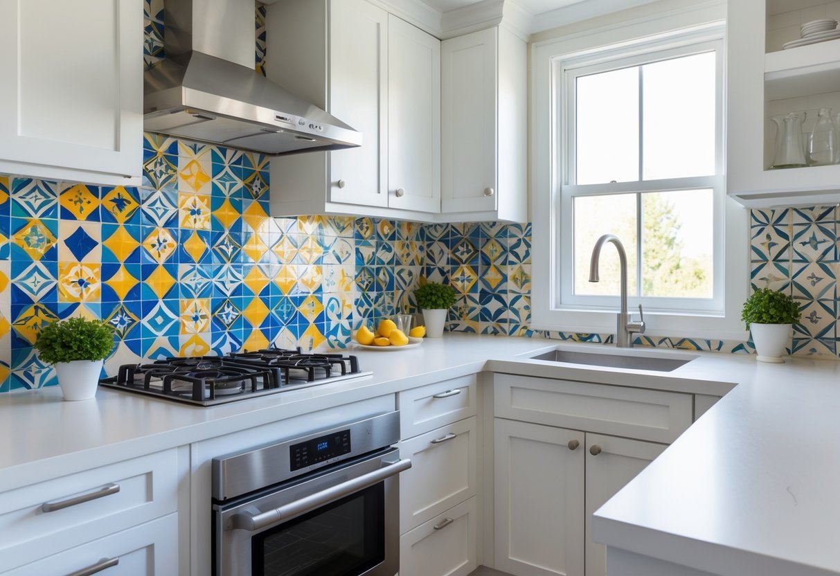 A small bright kitchen with a colorful geometric tile backsplash, white cabinets, stainless steel appliances, and natural light coming through a window.