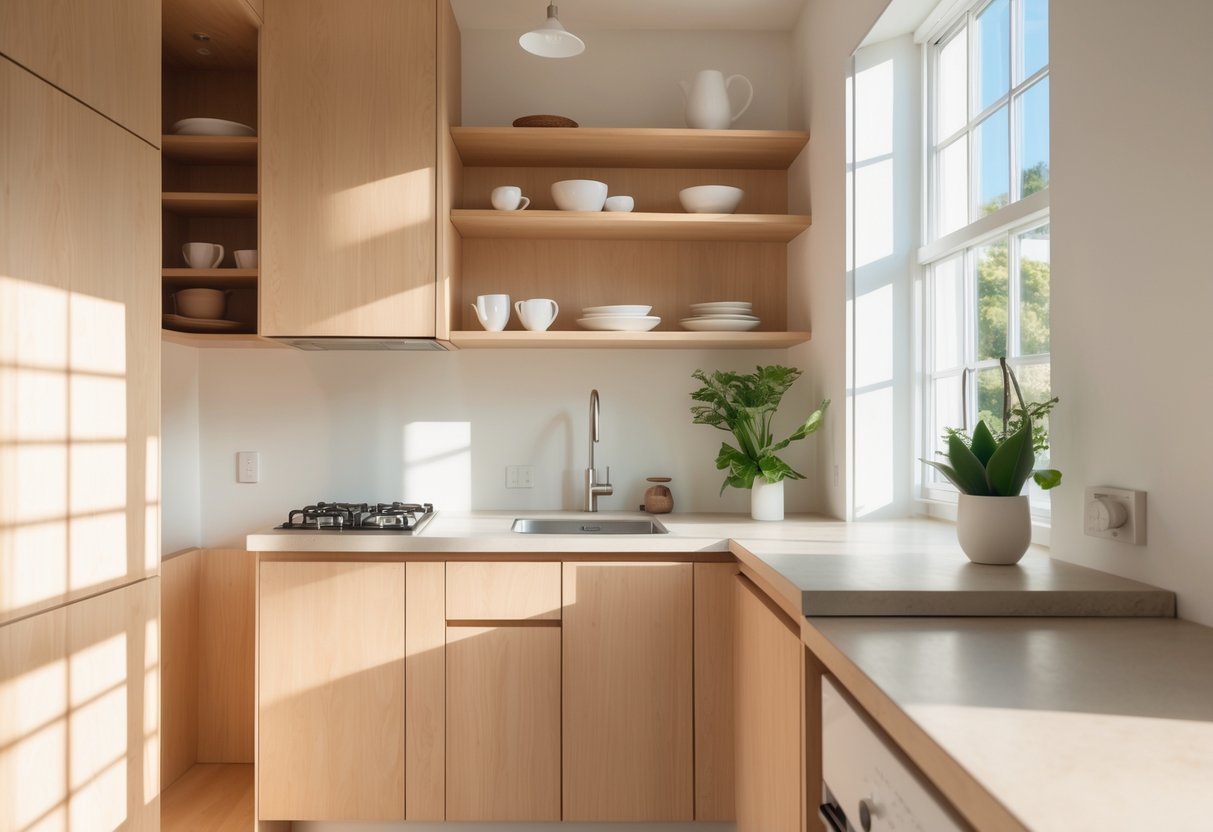 A small kitchen with light wood cabinets, open shelves, a countertop, and natural sunlight coming through a window.