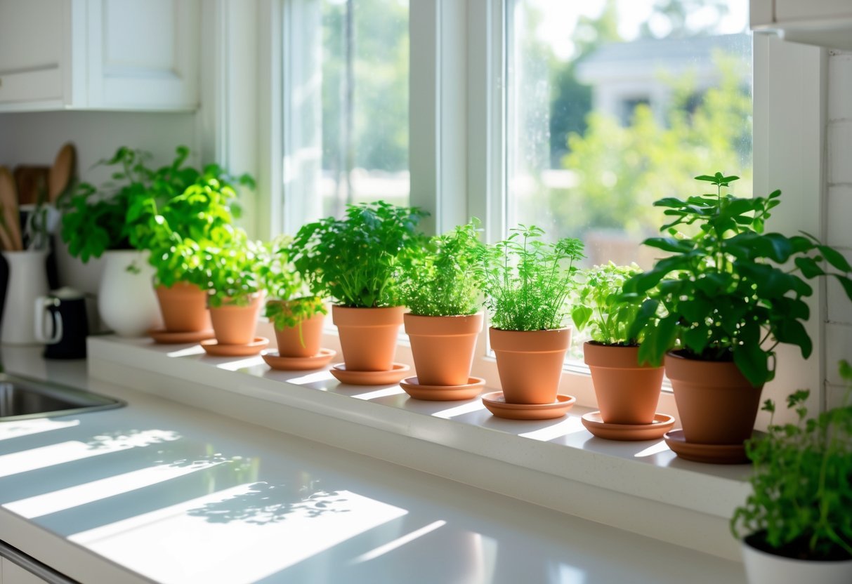 A sunny kitchen windowsill with small pots of fresh green plants and herbs arranged neatly, brightening the space.