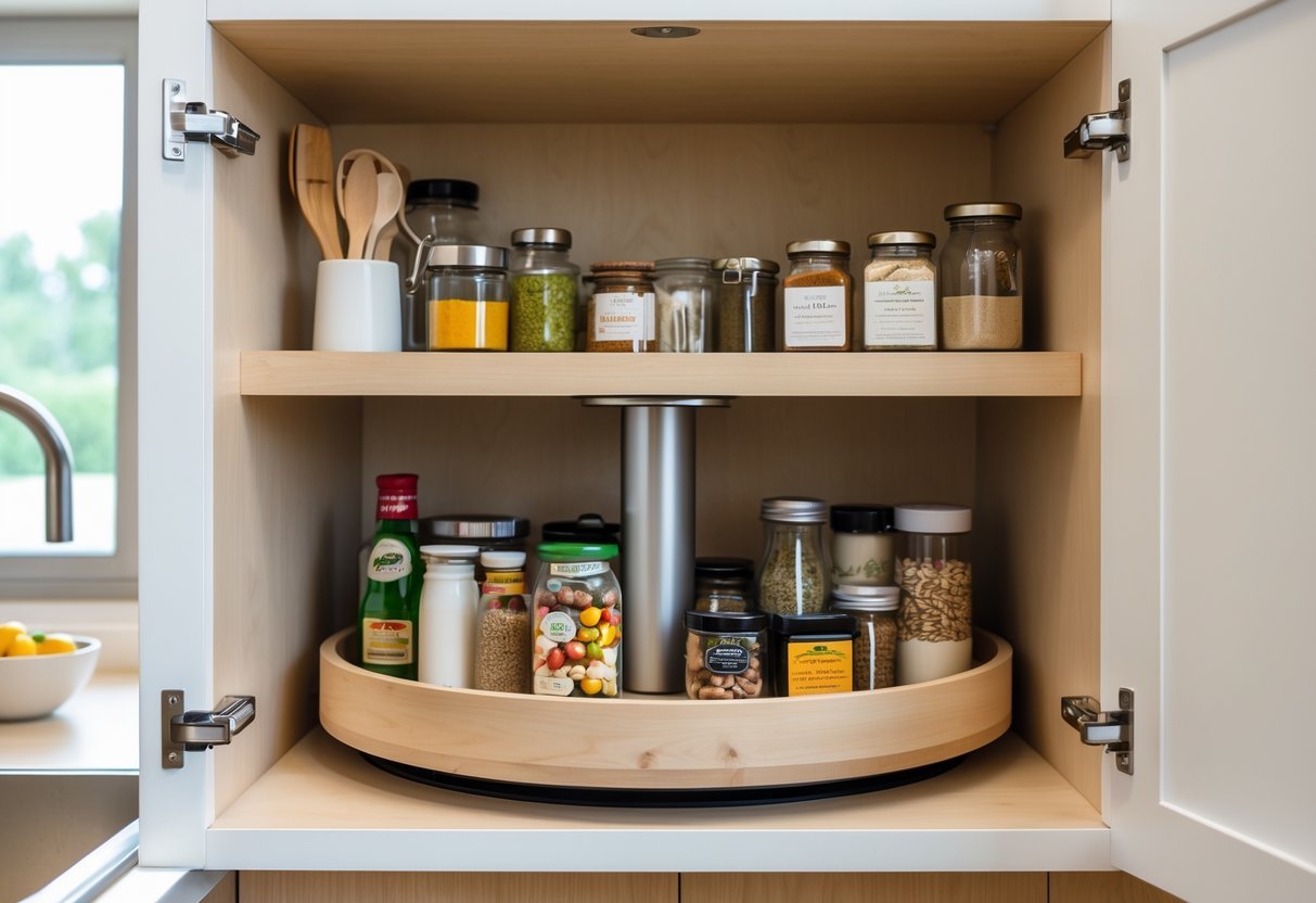 An open kitchen cabinet with a lazy Susan turntable holding spices and jars for easy access.