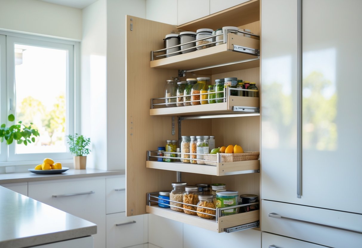 A small modern kitchen with pull-out pantry shelves extended, showing organized food containers and kitchen supplies.