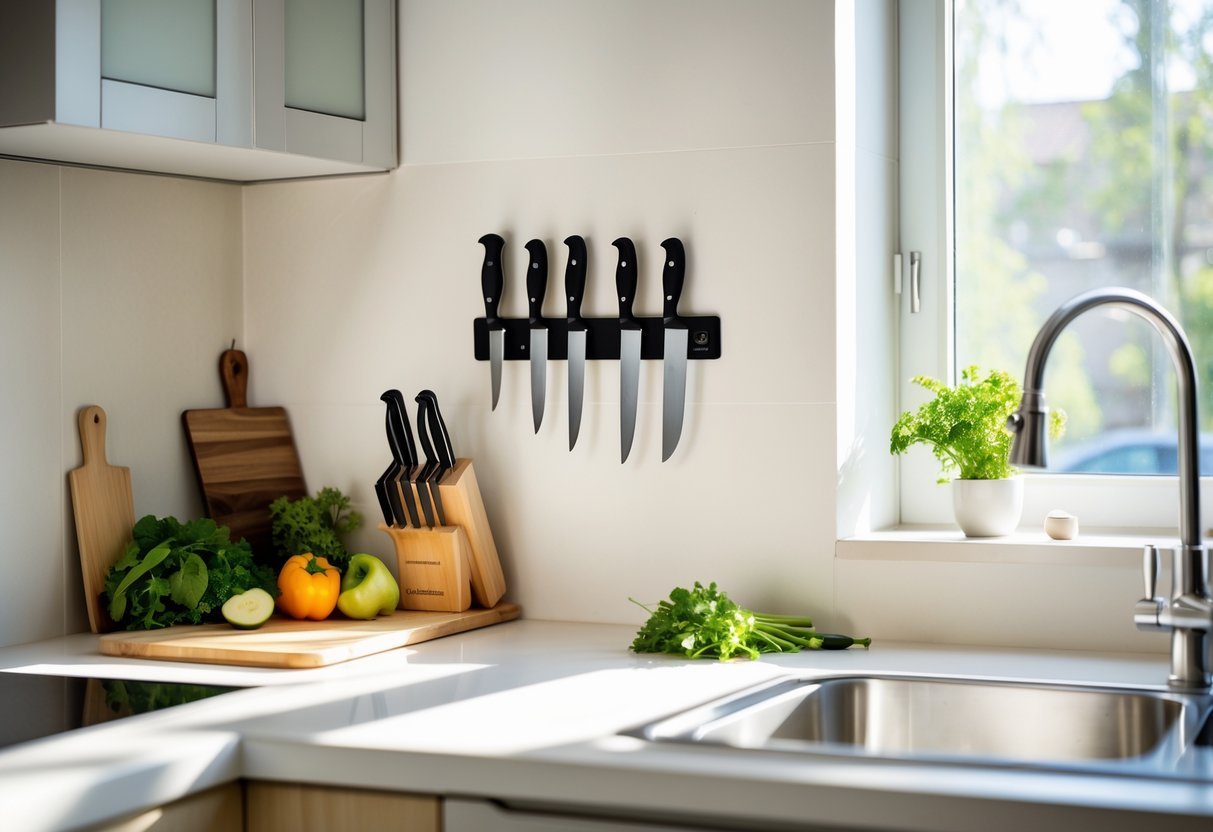 A small kitchen with a magnetic knife strip mounted on the wall above a tidy countertop holding several knives.