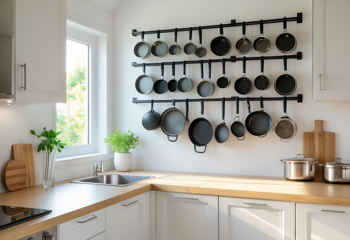 Small kitchen with vertical wall racks holding pots and pans organized neatly on the wall.
