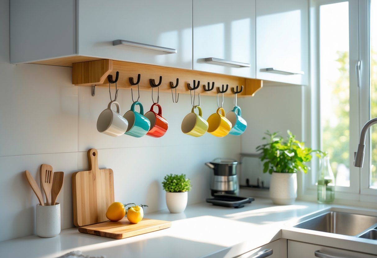 A modern kitchen with under-cabinet hooks holding colorful mugs above a clean countertop.