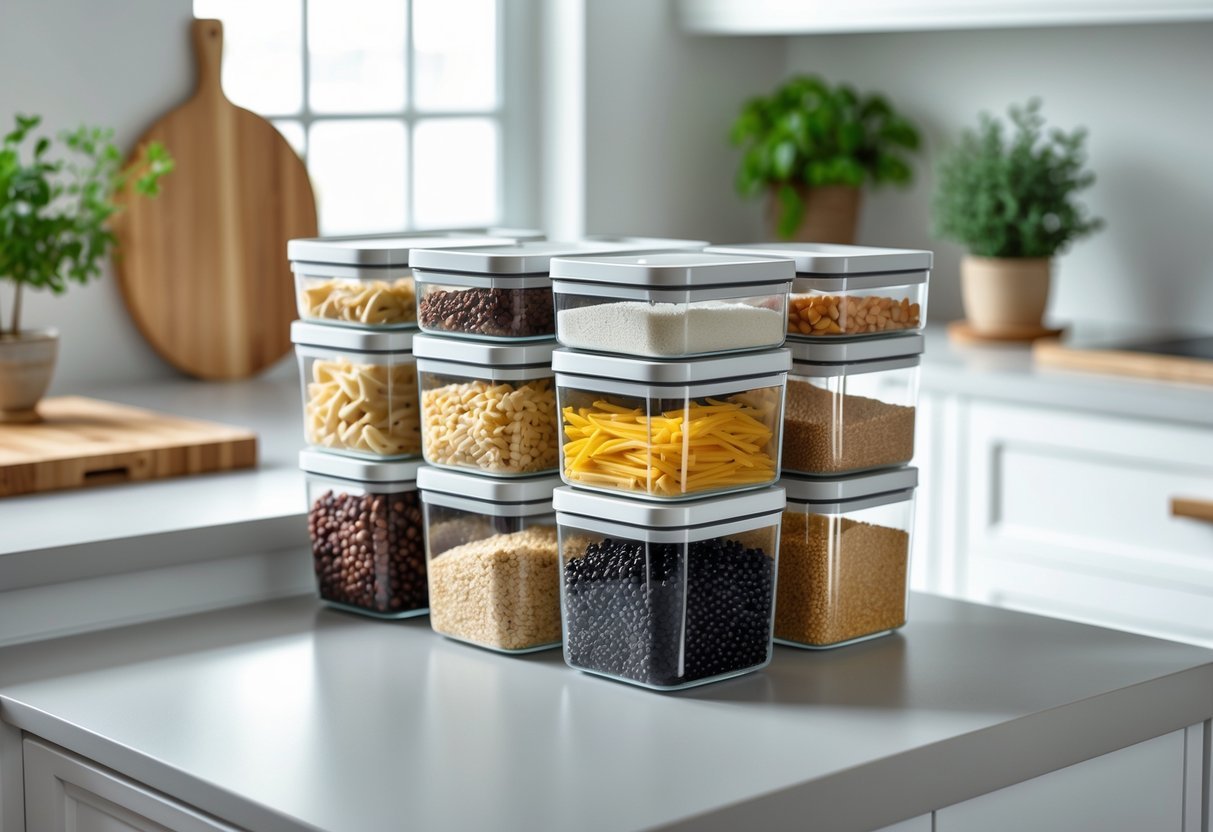 A small kitchen countertop with clear stackable pantry containers filled with dry goods, arranged neatly to reduce clutter.