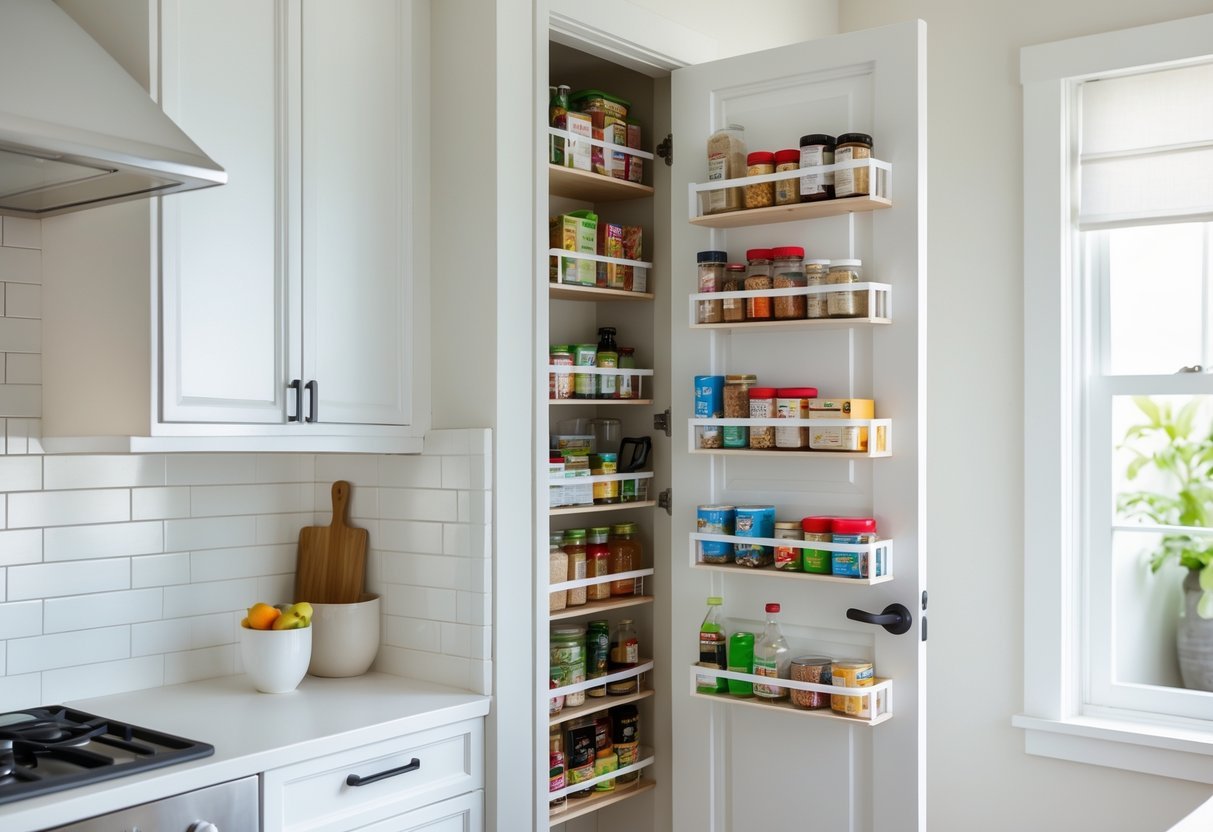 A small kitchen with a pantry door fitted with over-the-door organizers holding spices and canned goods.