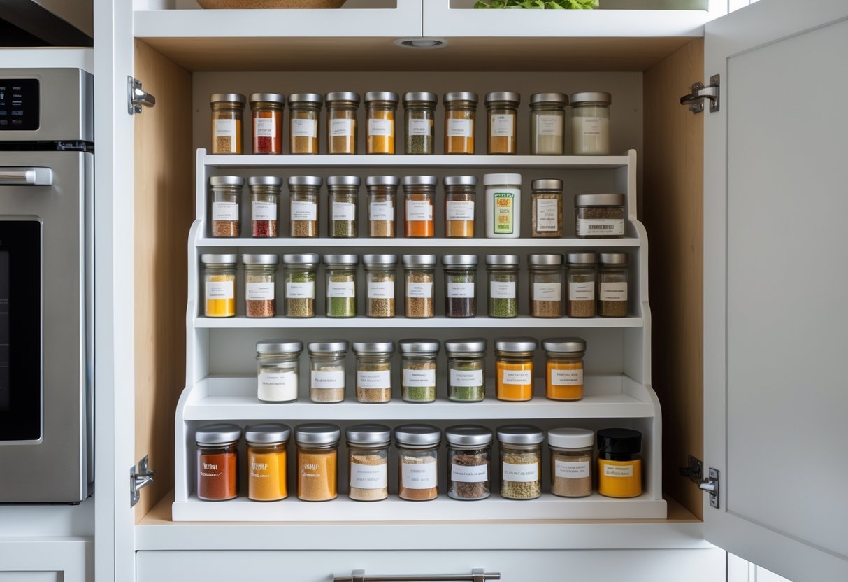 Open kitchen cabinet with tiered spice racks holding colorful spice jars neatly organized inside.