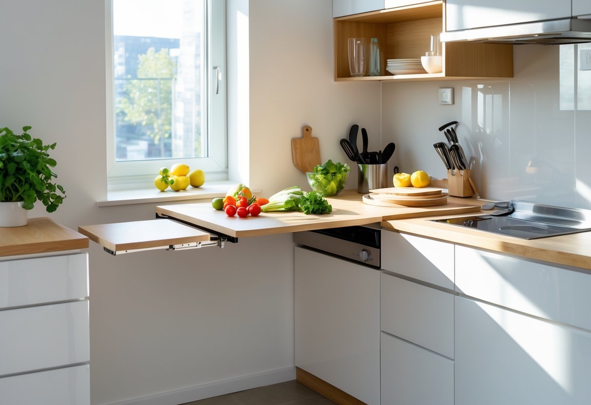A small kitchen with a fold-down table extended from the wall used as extra prep space, showing fresh vegetables and kitchen tools.