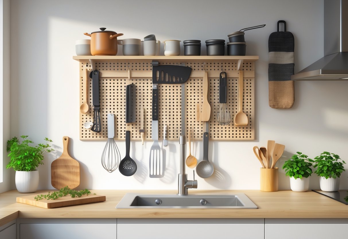 A kitchen wall with a pegboard holding various hanging utensils and tools above a clean countertop with small potted herbs.