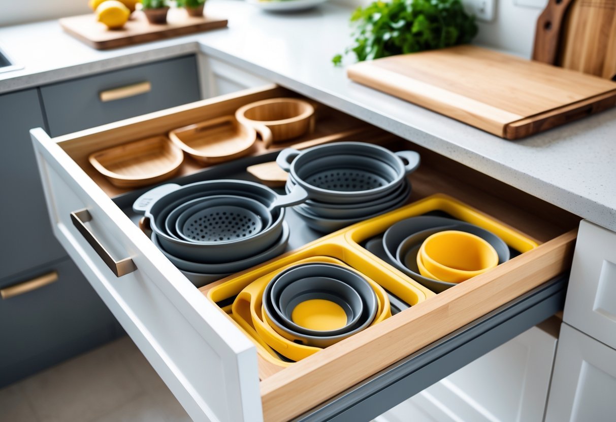 Open kitchen drawer showing neatly arranged collapsible kitchen tools like measuring cups and strainers to save space.