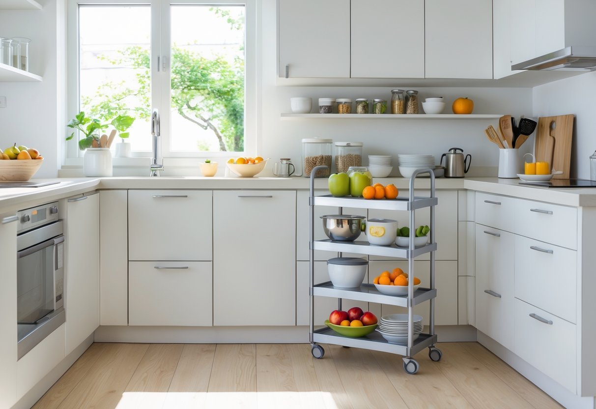A small kitchen with a slim rolling cart holding kitchen items next to the counter.