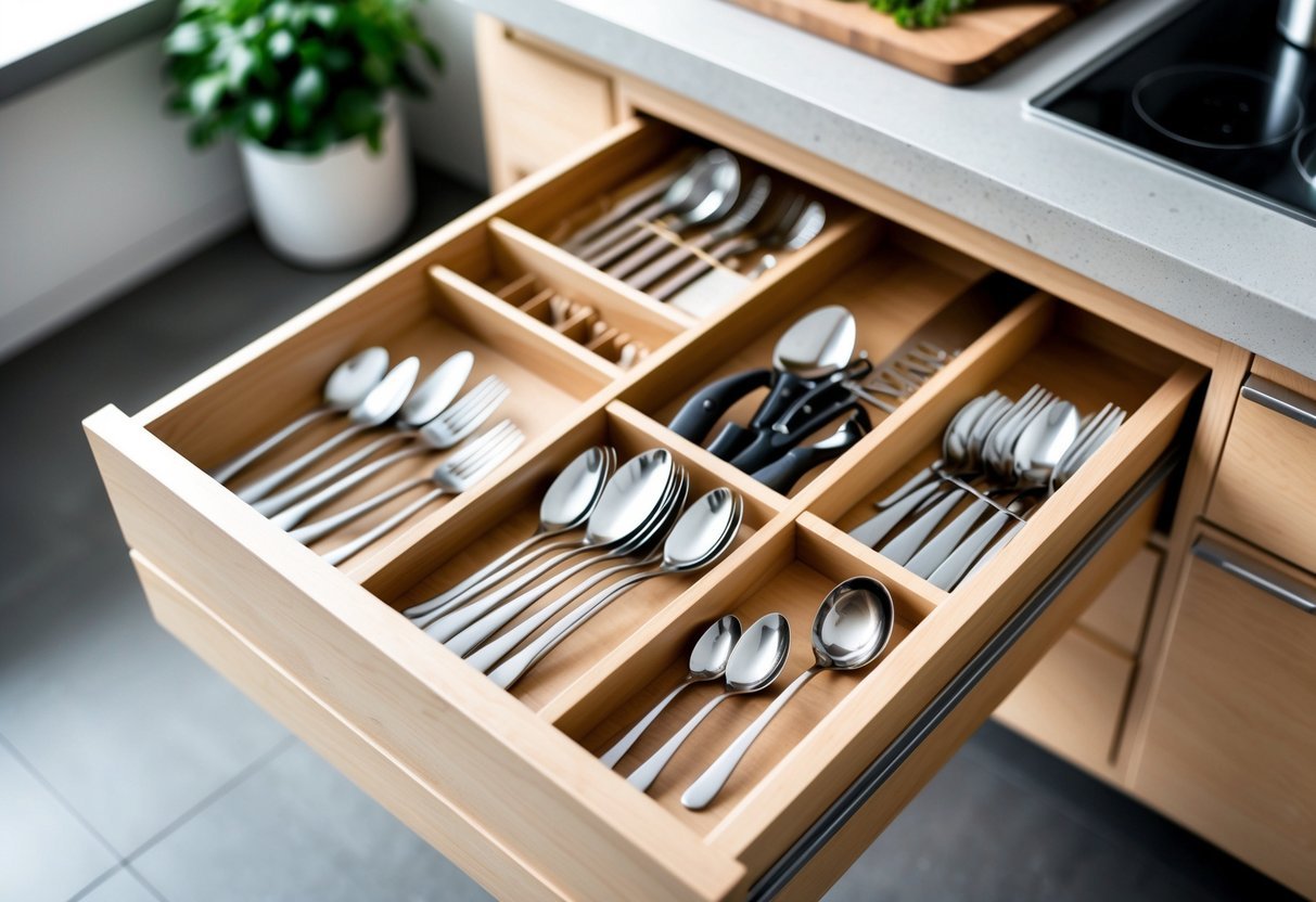 A kitchen drawer with wooden dividers neatly organizing cutlery and utensils.