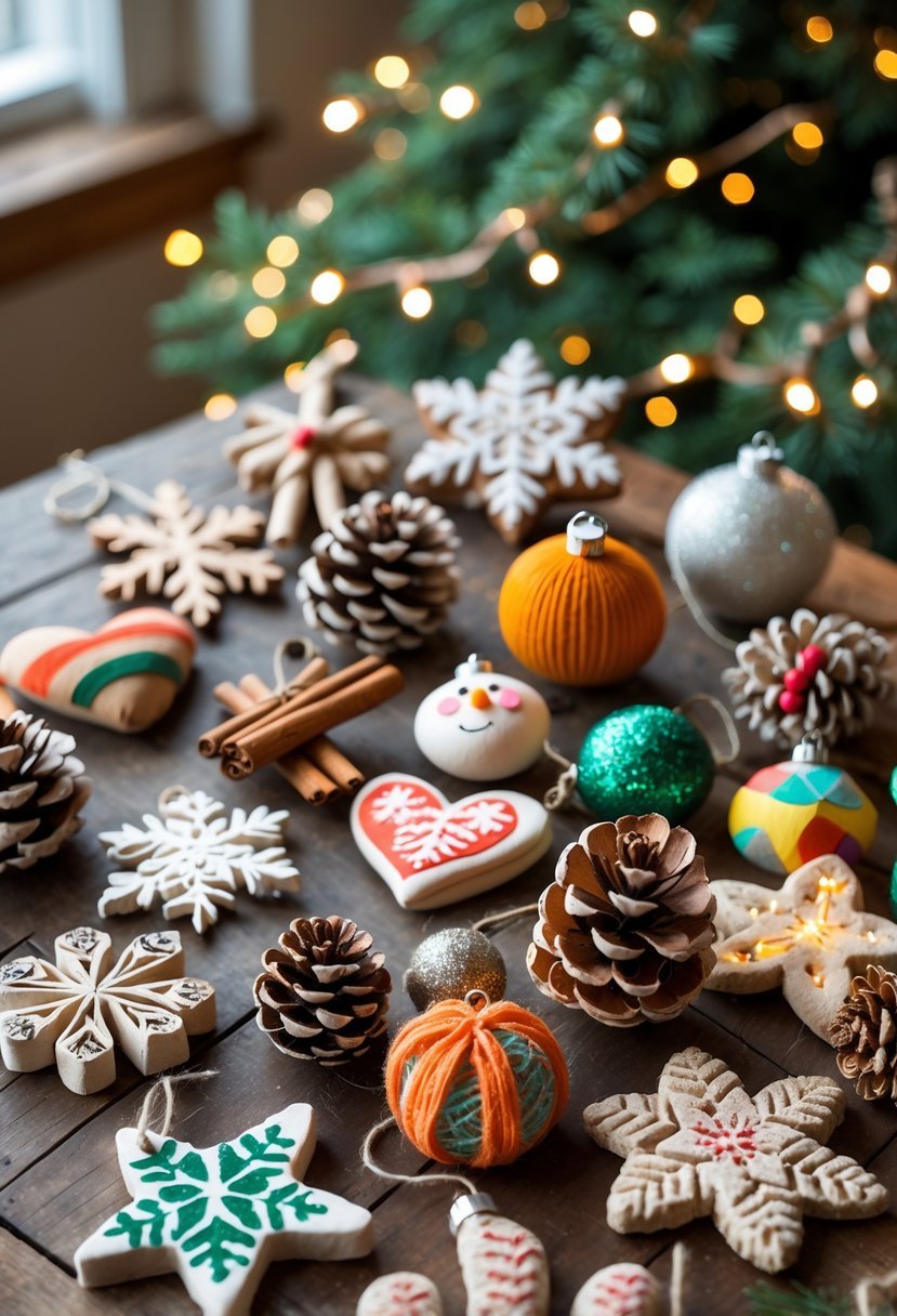 A table displaying 15 different homemade Christmas ornaments including wooden stars, felt snowflakes, pinecones, fabric hearts, and dried orange slices with blurred evergreen branches and fairy lights in the background.